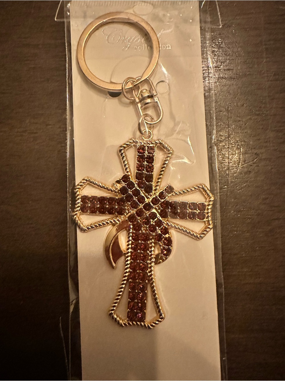 Gold Tone Cross Keychain with Burgundy Crystal Accents